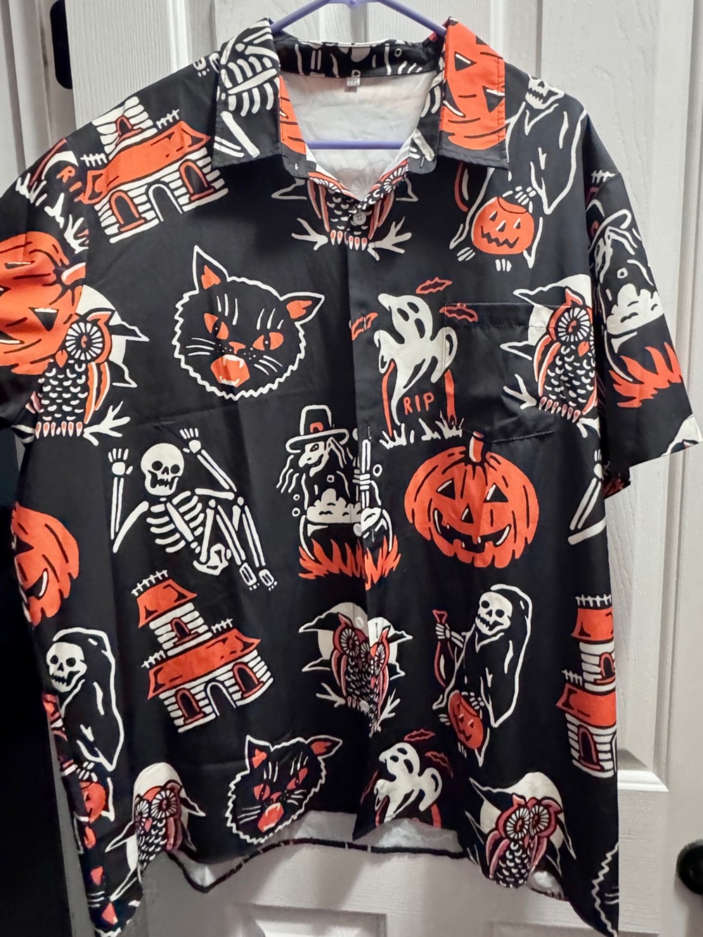 Retro Halloween Print Button-Up Shirt - Black with Orange & White Graphics